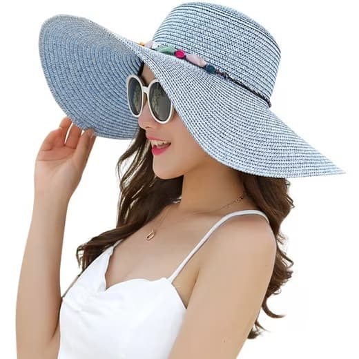 Foldable Straw Hat for Women UPF50+ Sun Protection Wide Brim, Blue, One Size