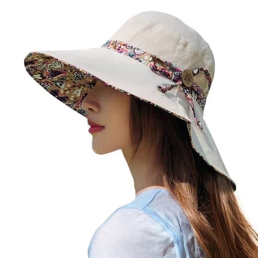 Women's Sun Hat Wide Brim Double-Sided UV Protection Foldable Beach Hat, Beige