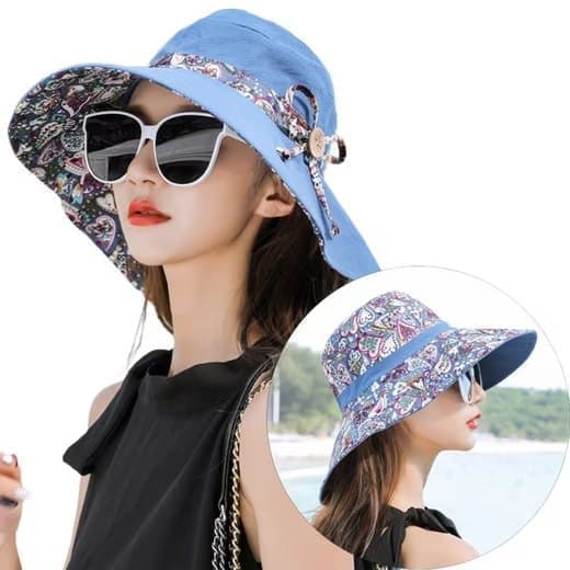 Women's Sun Hat UV Protection Wide Brim Beach Hat Foldable Visor, Double Sided Blue