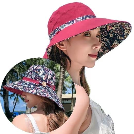 Women's Sun Hat UV Protection Wide Brim Beach Hat Foldable Visor, Red