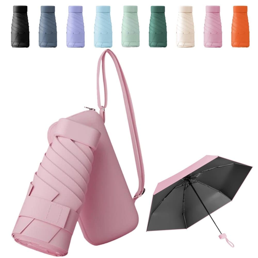 Mini Folding Pocket Umbrella 6-Fold UV Protection for Sun and Rain with Storage Box, Pink