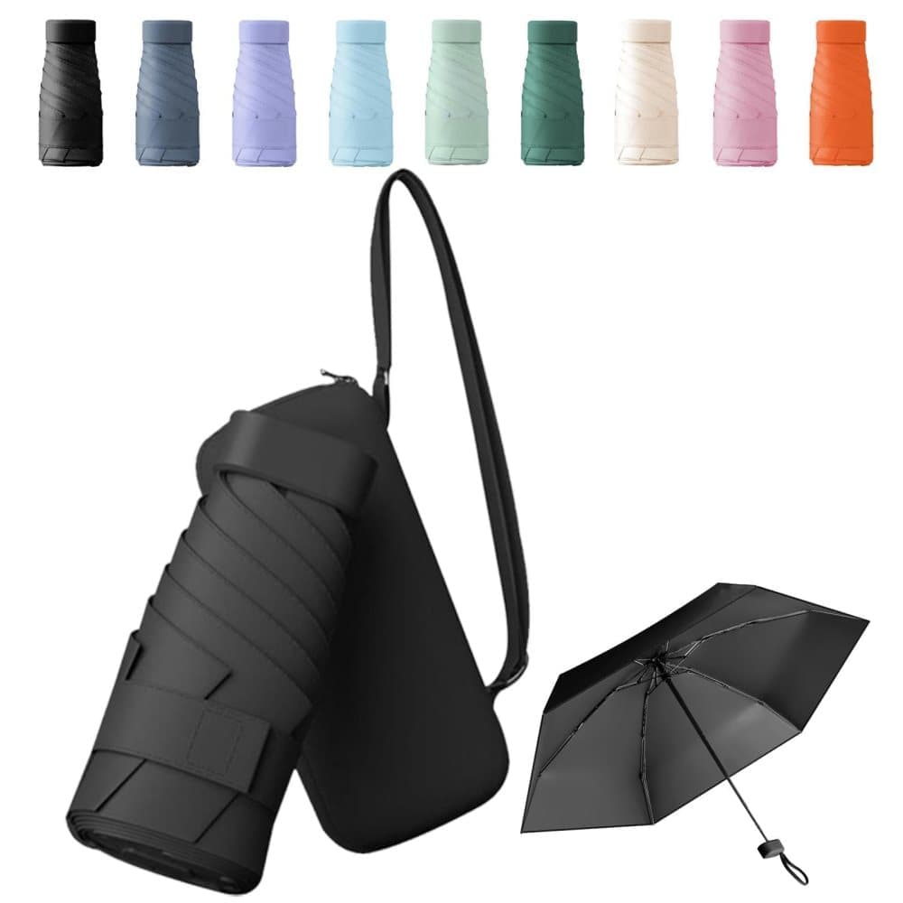 6-Fold Mini Umbrella with Storage Box, Ultralight Folding Pocket Umbrella for Sun and Rain UV Protection, Black