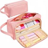 Large Capacity Pencil Case 4 Compartments, Pink/Green/Black, for School Travel Students