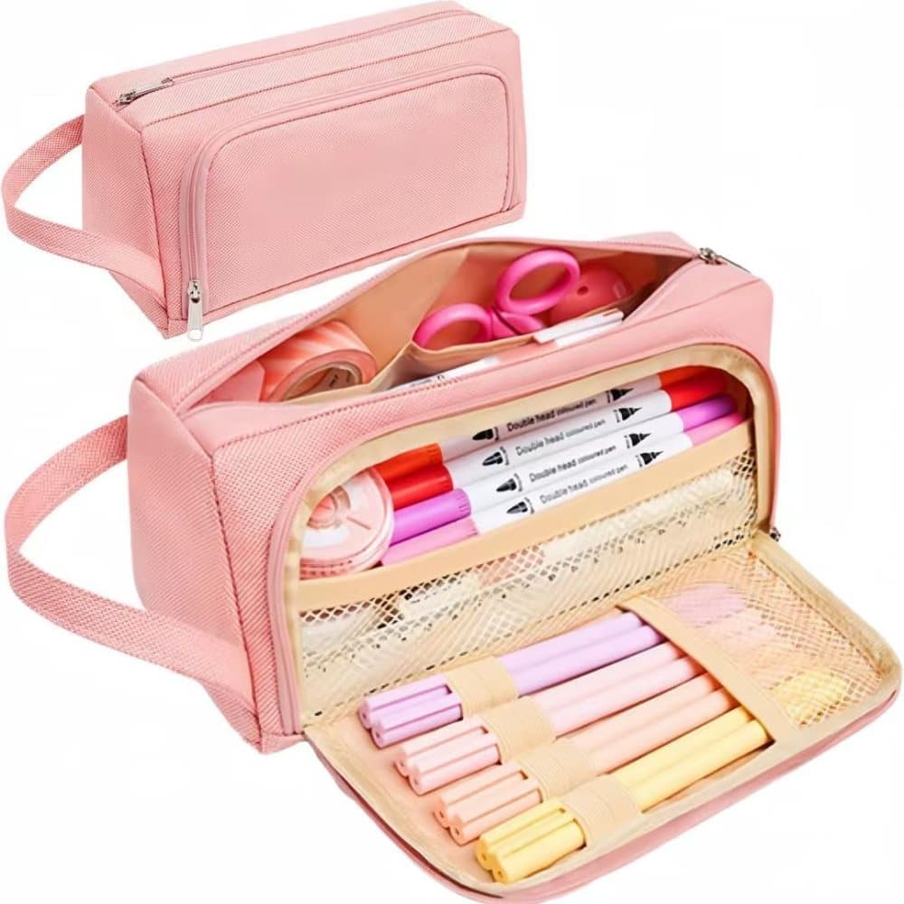 Large Capacity Pencil Case 4 Compartments, Pink/Green/Black, for School Travel Students