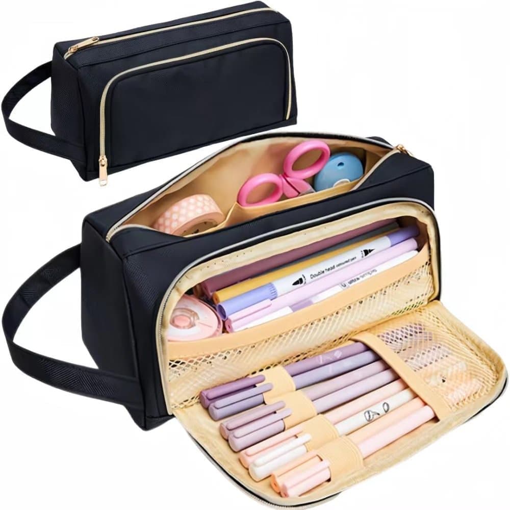 Large Capacity Pencil Case 4 Compartments, Black, Pink, Green, for School Travel, with 4 Compartments