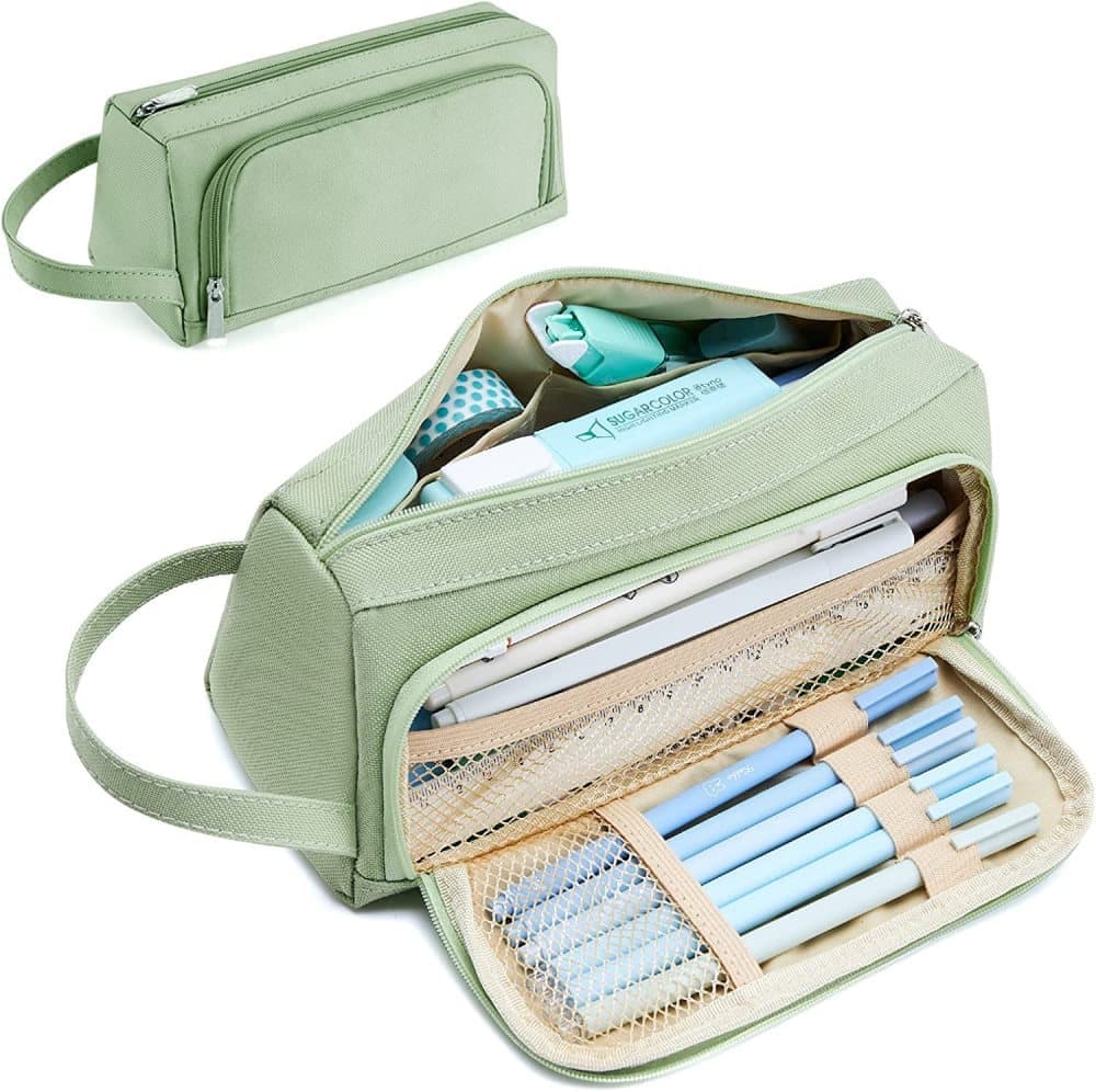 4 Compartments Large Capacity Pencil Case for School Students Travel, Green Pink Black, 9.8 x 5.5 inches