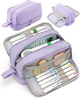 Large Pencil Case with 4 Compartments, Portable Multifunctional Pencil Bag with Handle, Purple