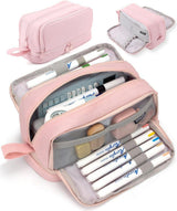 Large Pencil Case with 4 Compartments, Portable Multifunctional Pencil Bag with Handle, Pink