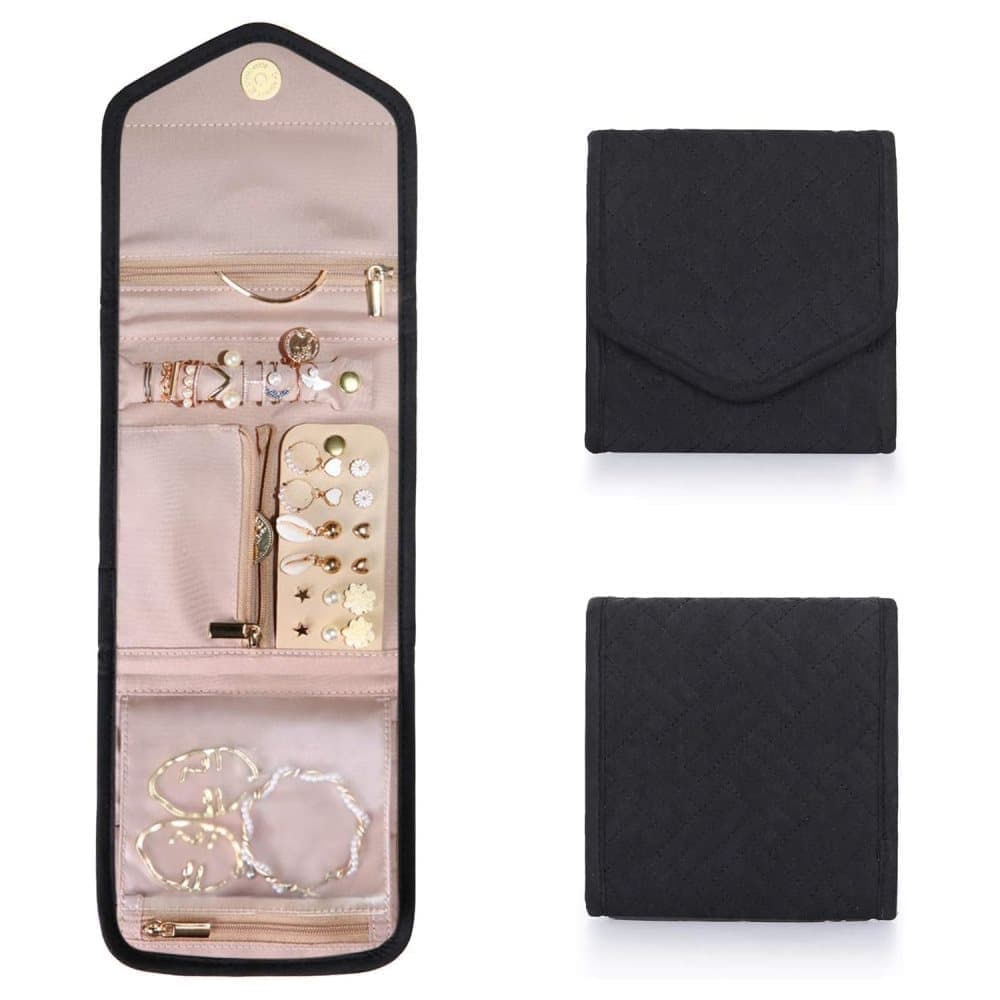 Travel Jewelry Box Compact Jewelry Storage Bag with Compartments for Easy Carry, 15cm, Black