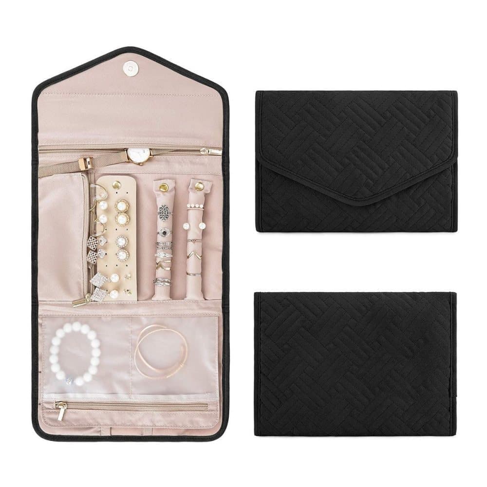 Black Travel Jewelry Box with Compartments, 23cm, Compact Jewelry Storage Bag Easy to Carry in Your Bag