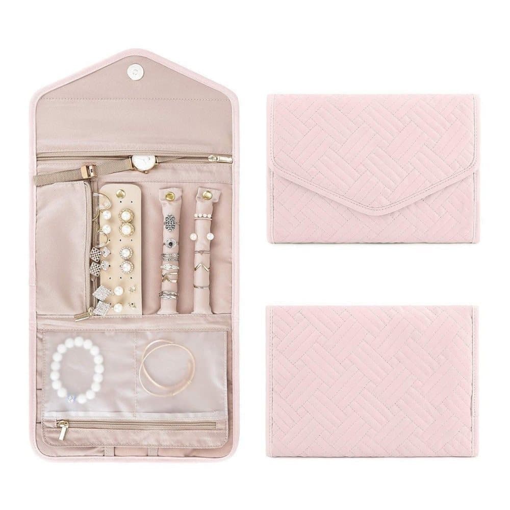 Compact Travel Jewelry Box with Compartments, Pink, 23cm