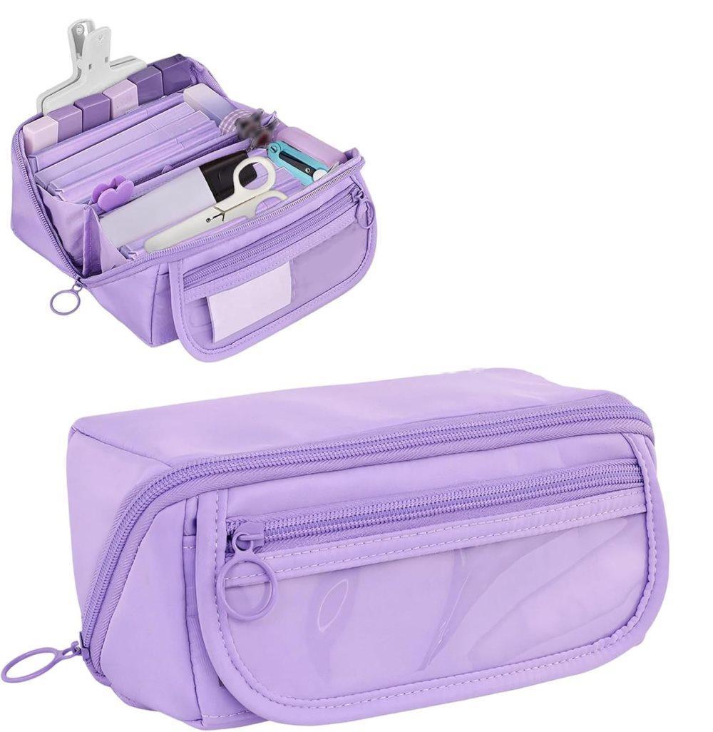 Waterproof Pencil Case with Zipper, Purple, Large, Multifunctional Travel Pencil Box for Students and Office