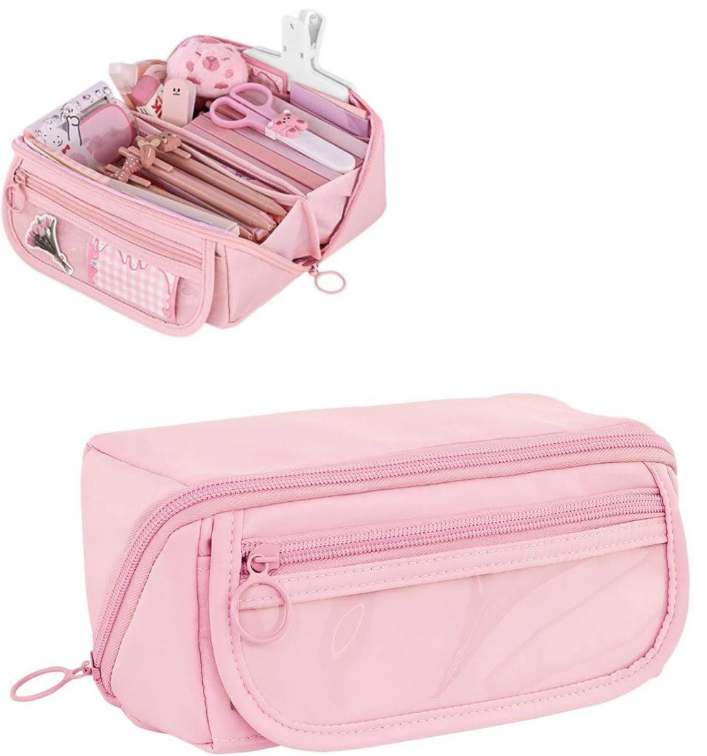 Waterproof Pencil Case with Zipper, Large Multifunctional Travel Pencil Box for Students and Office, Pink