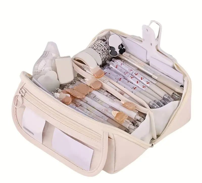 Large Waterproof Pencil Case with Zipper, Multifunctional Travel Pencil Box for Students & Office, Beige