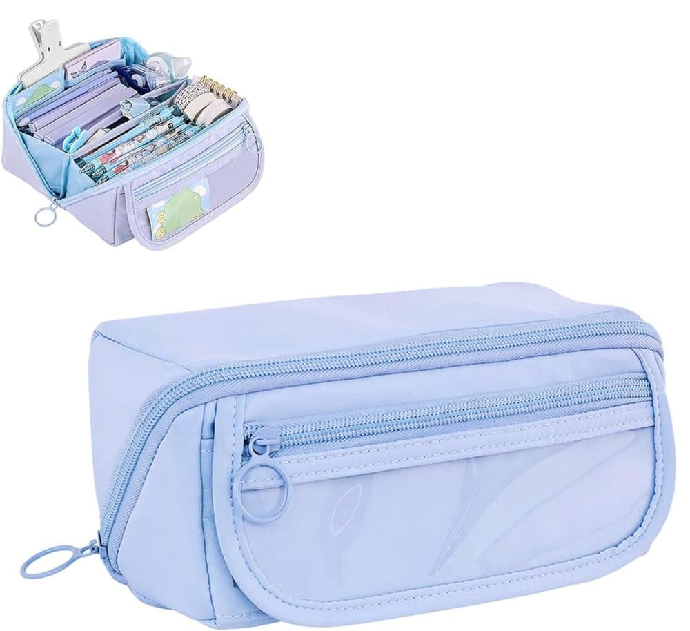 1 Large Waterproof Pencil Case with Zipper, Multifunctional Travel Pencil Box for Students & Office, Blue