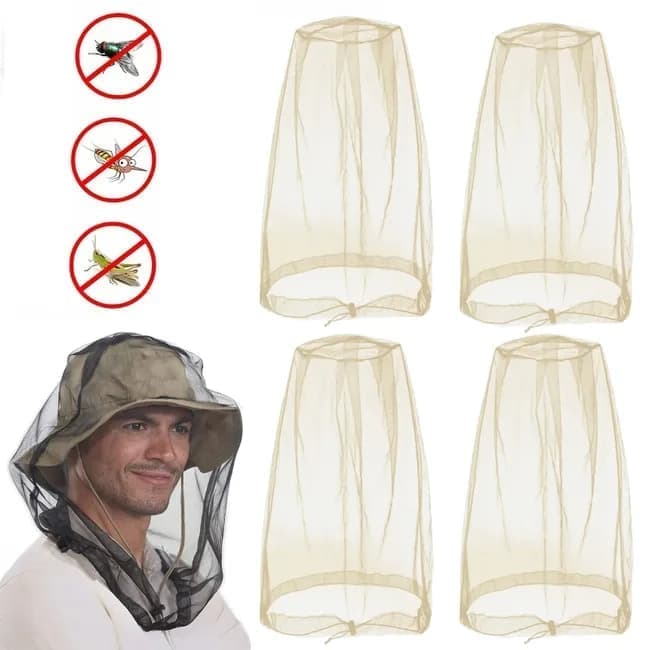 4 pcs Mosquito Net for Hat, Waterproof Adjustable Ultra-fine with Storage Bag, for Fishing Hiking Camping, Beige