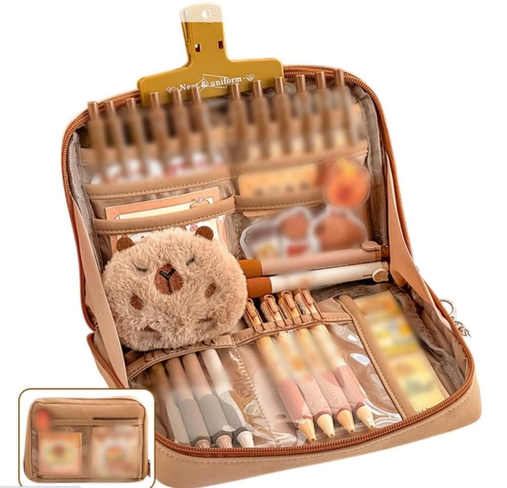 1 Pack Stylish Zipper Pencil Case Large Capacity Multifunctional Travel Pencil Box for School and Office, Brown