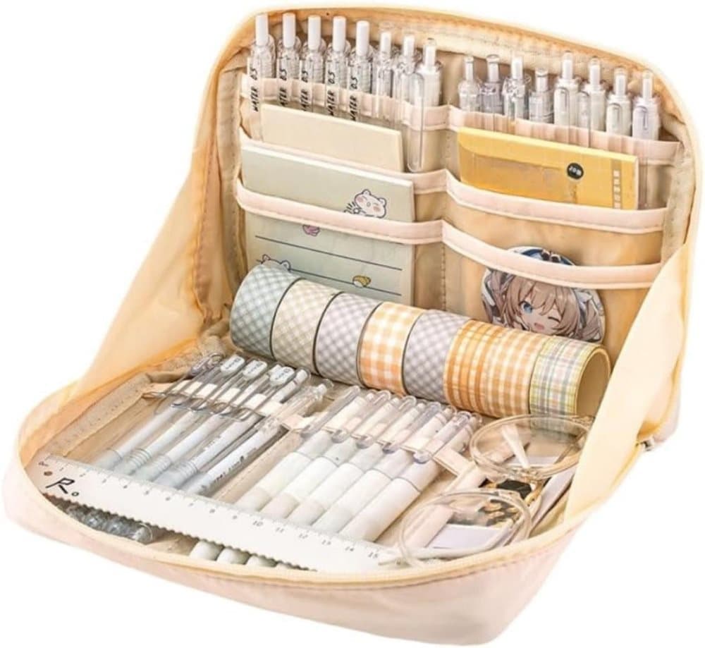 1 Pack White Stylish Pencil Case with Zipper, Large Capacity Multifunctional Travel Pencil Box for School and Office