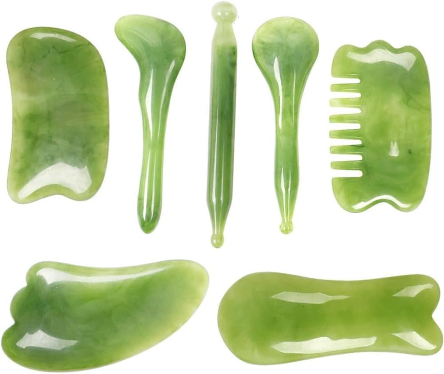 7-piece Gua Sha Set, Resin Facial and Body Massage Tool for Face Legs Back, Green