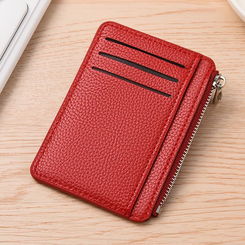6 Card Slots Zipper Wallet, Thin Durable Water Repellent Scratch Resistant Card Holder, Easy to Carry, Red
