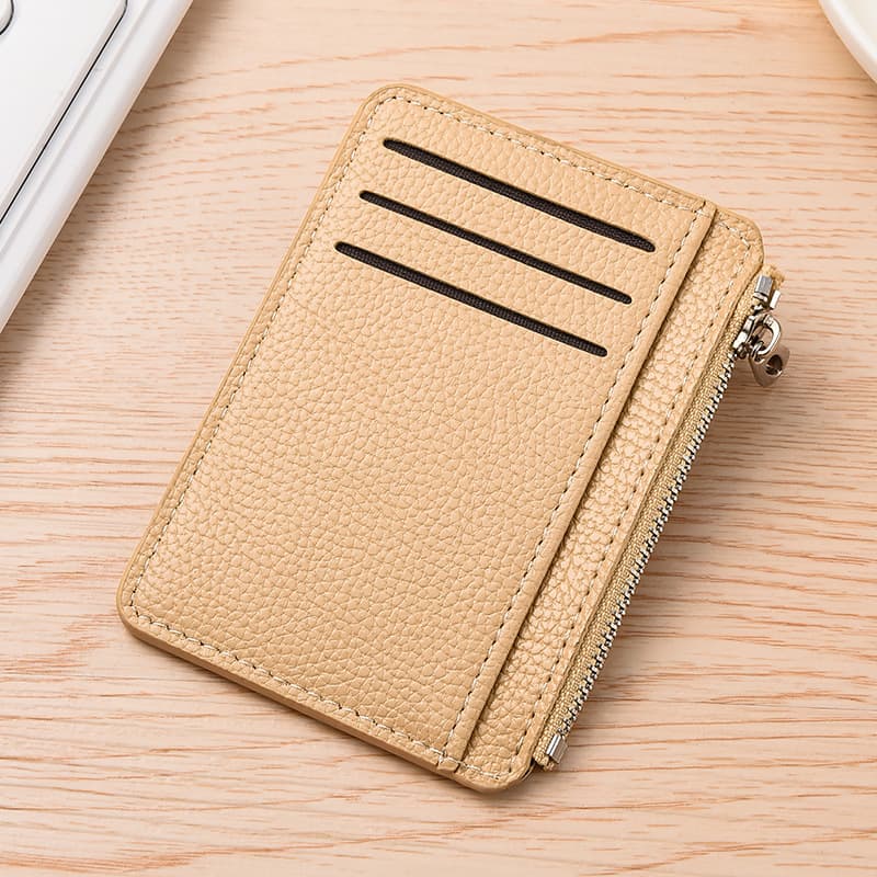 6 Card Slots Thin Zipper Wallet Water Repellent Scratch Resistant Durable Easy to Carry, Beige