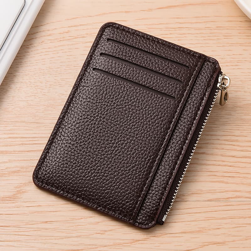 6 Card Slots Zipper Wallet, Thin Durable Water Repellent Card Holder Scratch Resistant Easy to Carry, Brown