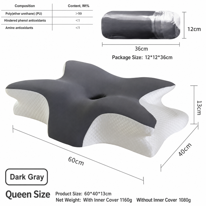 Ice Silk Butterfly-Shaped Memory Foam Pillow | Ergonomic, Orthopedic, Sleep-Aiding, Suitable for Three Sleeping Positions (23.62*15.75*5.12 inch，Dark gray)