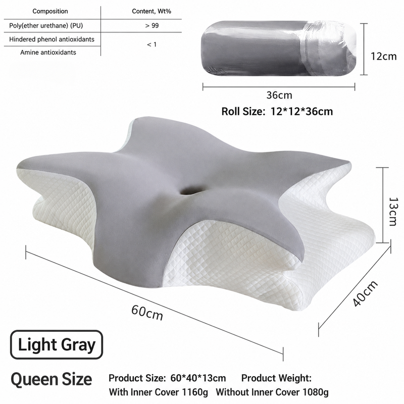 Ice Silk Butterfly-Shaped Memory Foam Pillow | Ergonomic, Orthopedic, Sleep-Aiding, Suitable for Three Sleeping Positions (23.62*15.75*5.12 inch，Light gray)