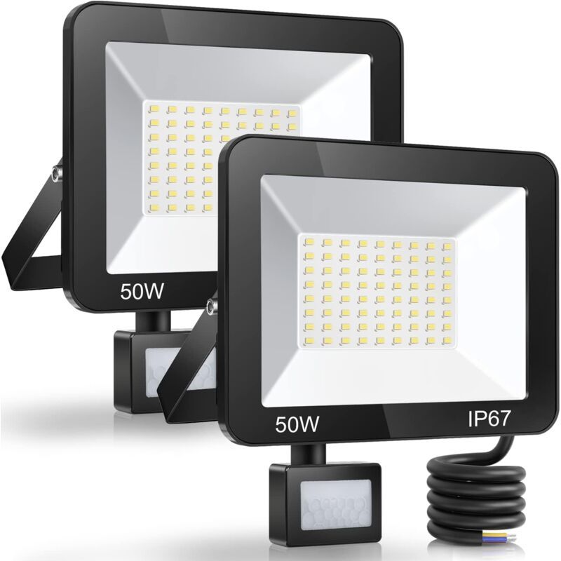 2 Pack LED Floodlight with Motion Sensor, 50W 5000LM 7000K Cool White, IP67 Waterproof