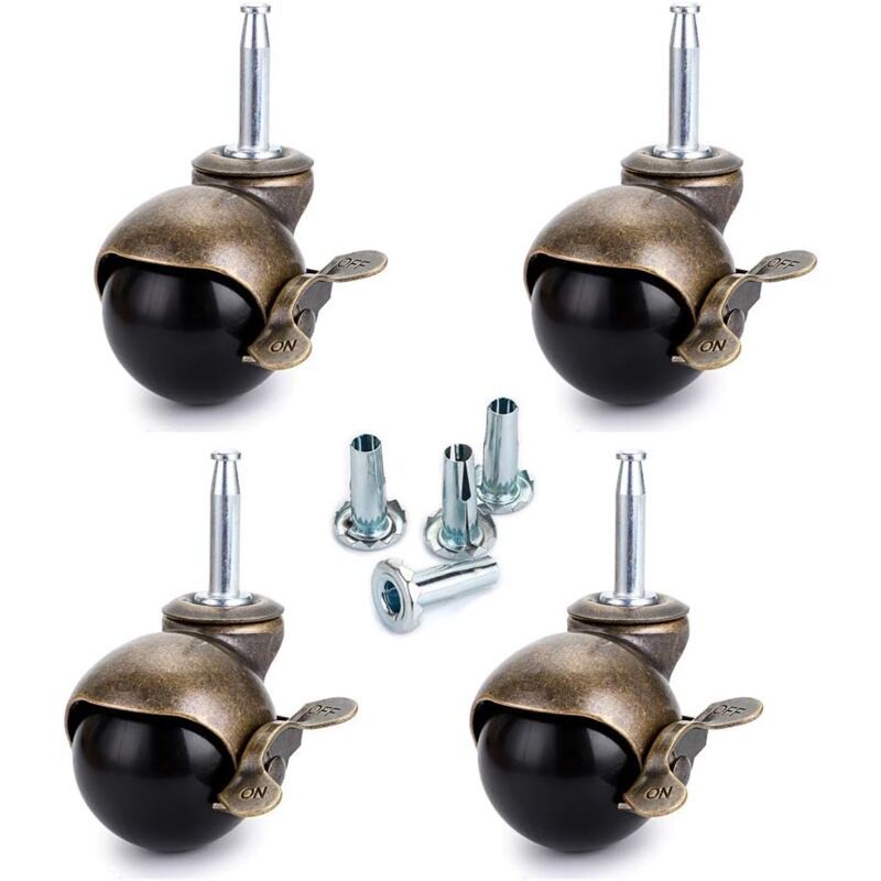 4 Pcs Bronze Ball Furniture Casters with Sockets and Brake, 1.5 inch