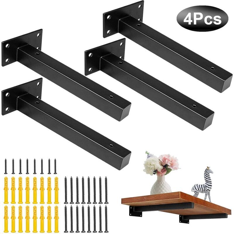 4 Pcs Industrial Wall Shelf Brackets Black Metal with Screws, 250 mm