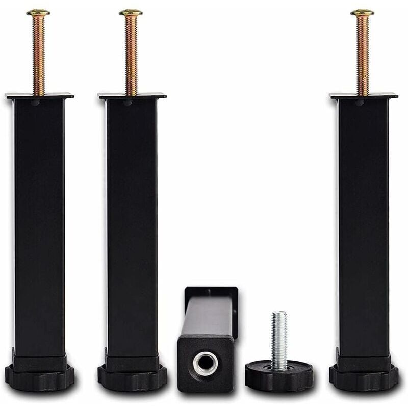 4 Pcs Black Screw In Metal Bed Legs Adjustable Slat Feet, 20 cm Plus 2 cm, 3 x 3 cm