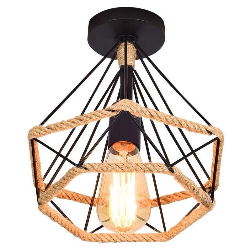 Vintage Industrial Metal Cage Ceiling Lamp with Hemp Rope, 25 cm