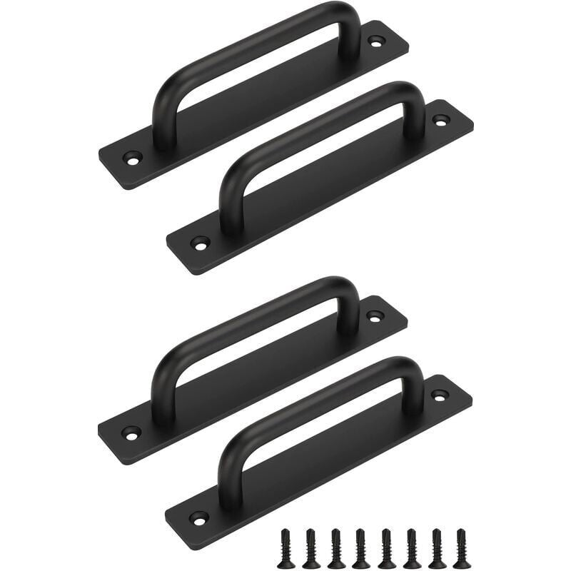 4 Pcs Black Sliding Barn Door Handles with Stainless Steel Plate, 128 mm Hole Spacing