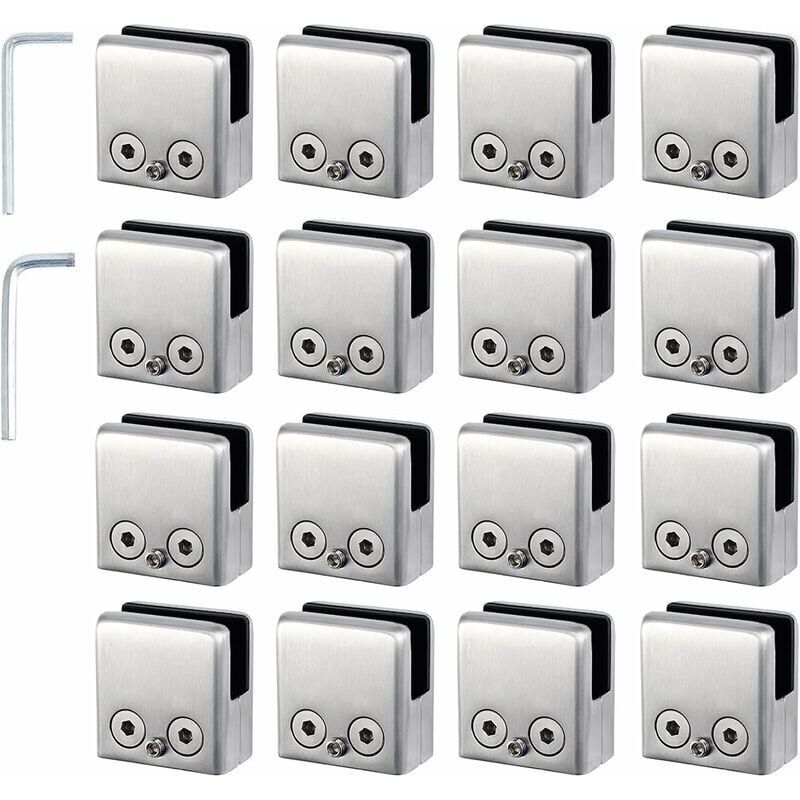 16 Pcs Stainless Steel Square Glass Clamps for Stair Railing, 8 to 10 mm