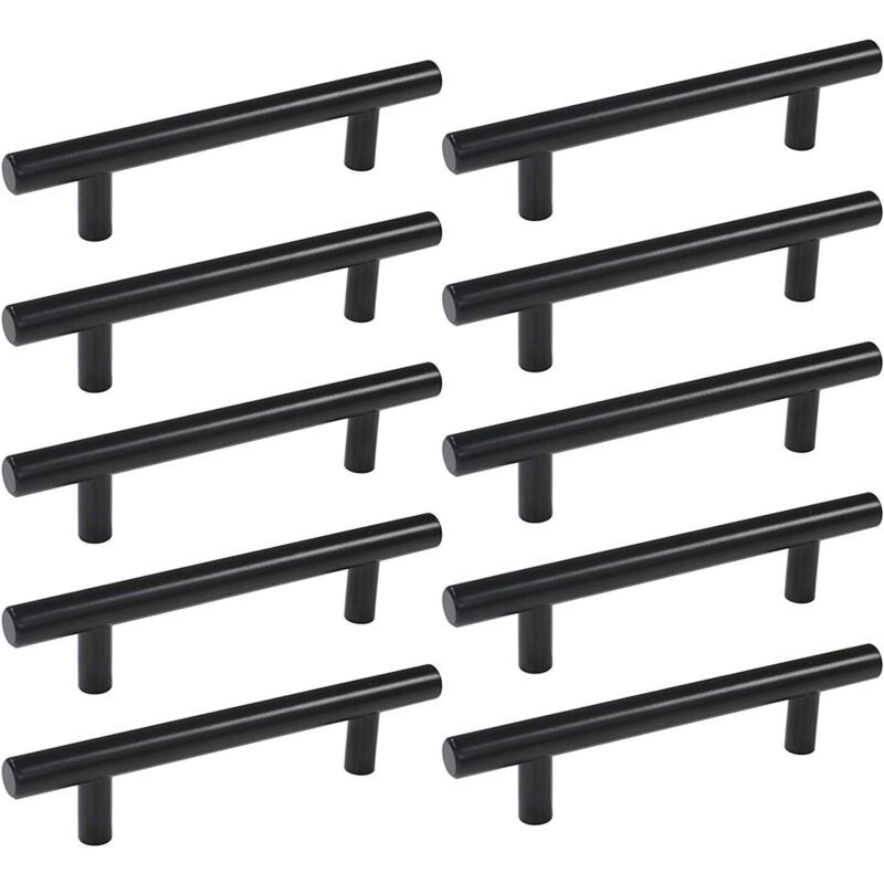 10 Pcs Black Stainless Steel Kitchen Cupboard Door Handles, 192 mm Hole Spacing