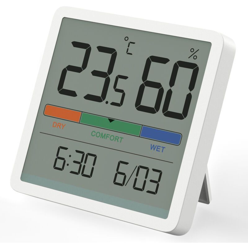White Indoor Hygrometer Thermometer Digital Temperature Humidity Monitor with Clock