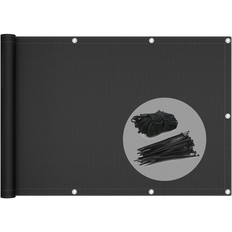 Black HDPE Balcony Privacy Screen 200g m2 with Cable Ties and Cords, 500 x 90 cm