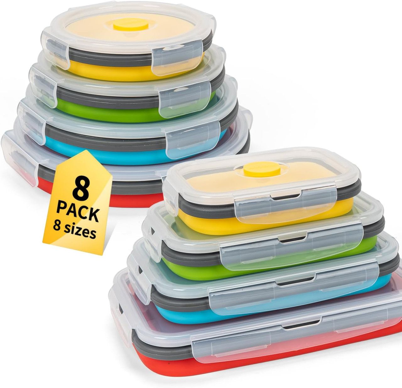 Collapsible Food Storage Bowls with Vented Lids, 8 Pieces Set | 4 Rectangular & 4 Round Silicone Containers, Reusable Lunch Boxes, Microwave Fridge Dishwasher Friendly, 4 Assorted Colors