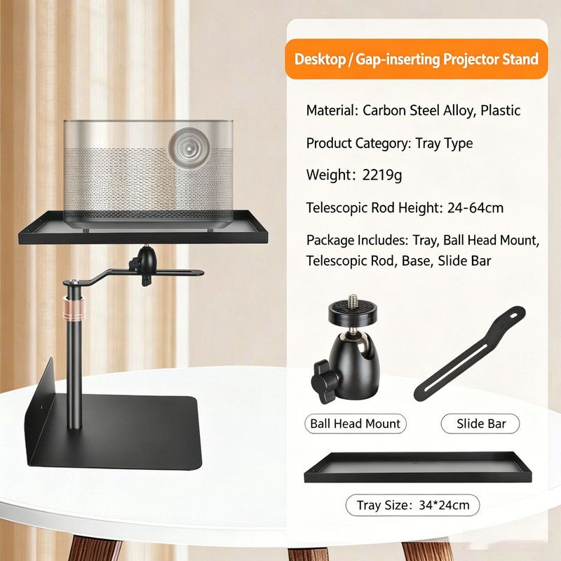 Hidden No-Drill Projector Stand, Sofa Bed Gap Floor Projector Mount with Adjustable Height, 360° Rotatable Tray, for Bedroom Home Theater