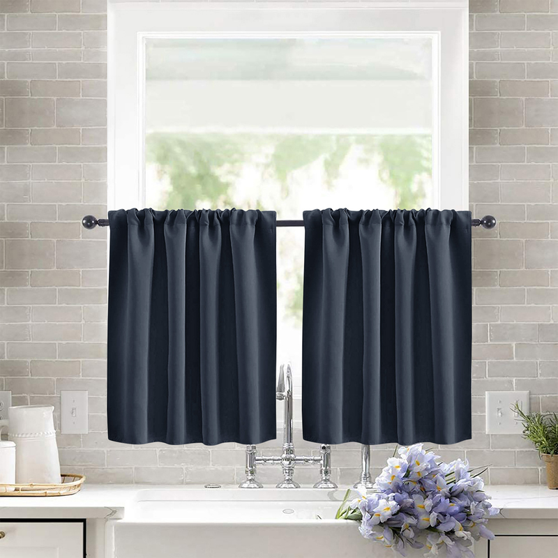 2 Pack Blackout Kitchen Curtains Navy Blue, 132 x 46 cm