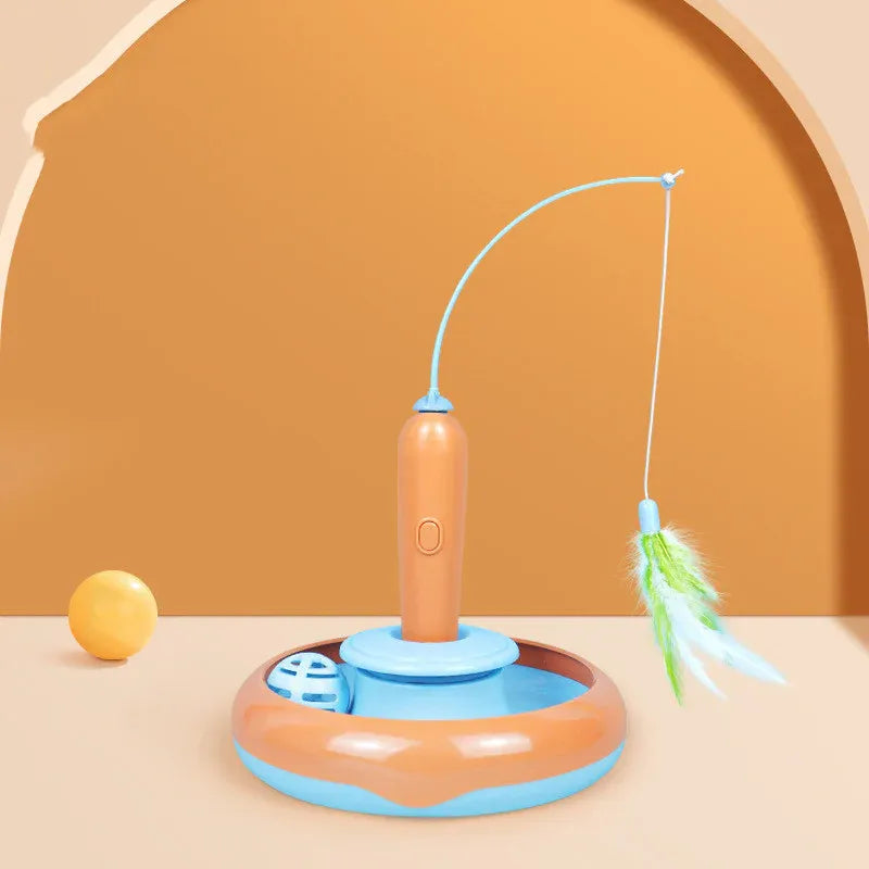 2 In 1 Pet Cat Toy With Feather For Self-play, Cat Turntable - Orange Blue