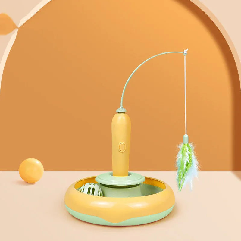 2 In 1 Pet Cat Toy With Feather For Self-play, Cat Turntable - Yellow green