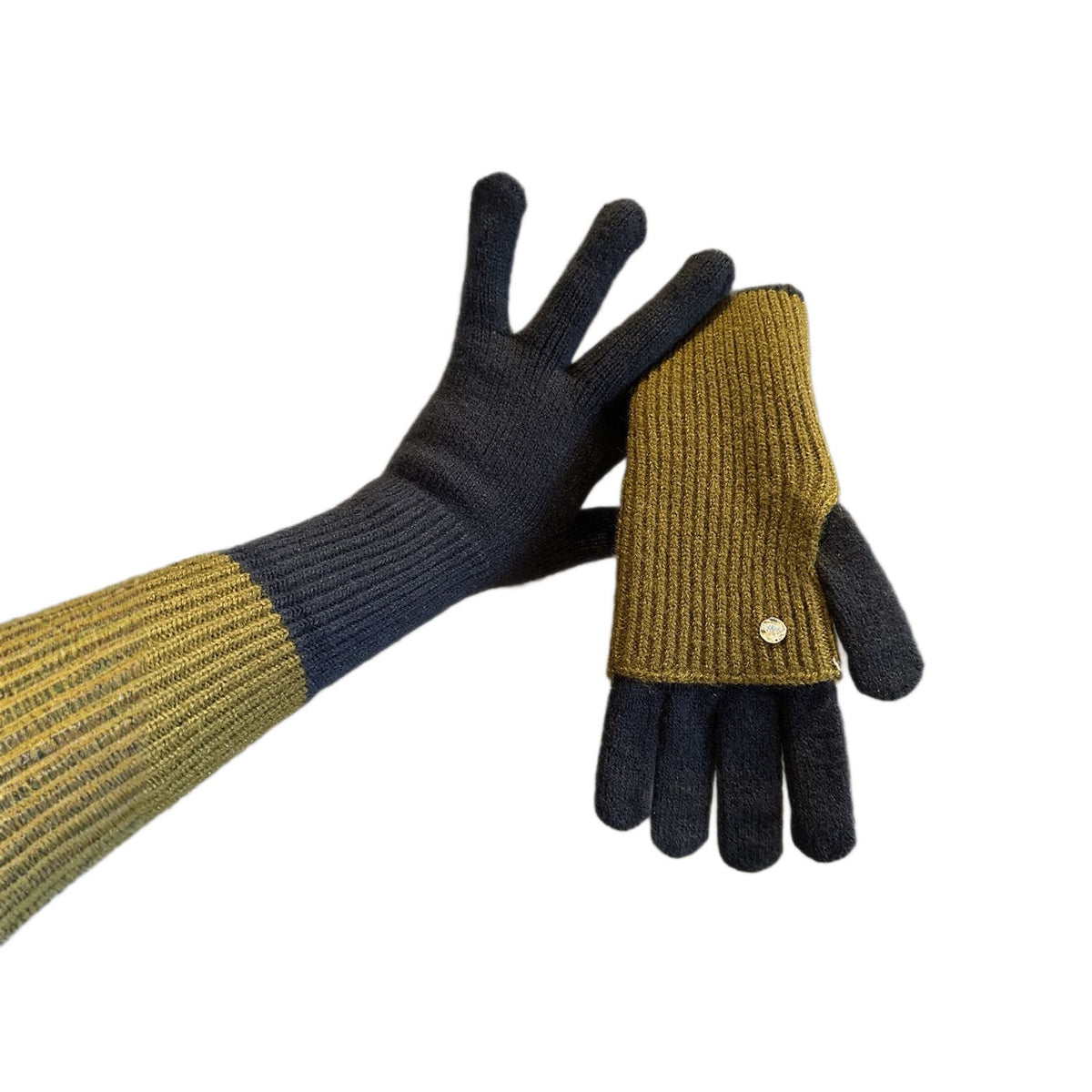 Two-Way Knit Gloves Convertible Between Full-Finger and Fingerless Styles with Touchscreen Fingertips, Colorblock Gloves (Gray + Green)