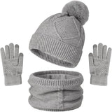 Women's 3-in-1 Winter Set - Hat + Scarf + Gloves - Thermal Reinforced Fleece Lining - Knit Beanie with Pom-Pom - Touchscreen Gloves - For Cold Winter Weather