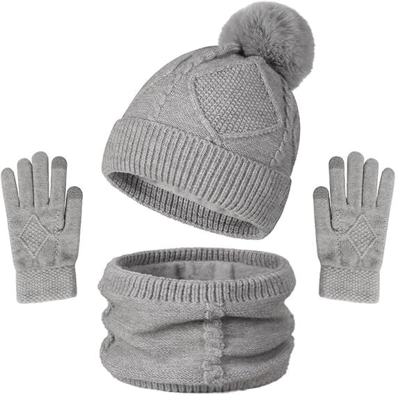 Women's 3-in-1 Winter Set - Hat + Scarf + Gloves - Thermal Reinforced Fleece Lining - Knit Beanie with Pom-Pom - Touchscreen Gloves - For Cold Winter Weather