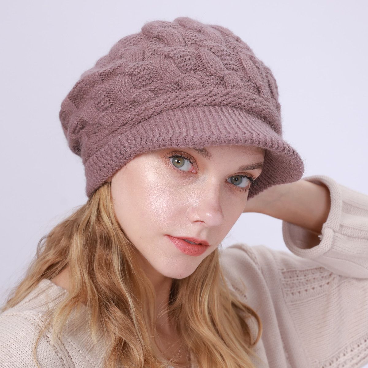 Women's Knitted Hat - Fleece Lining - Crocheted Women's Beret - Purple