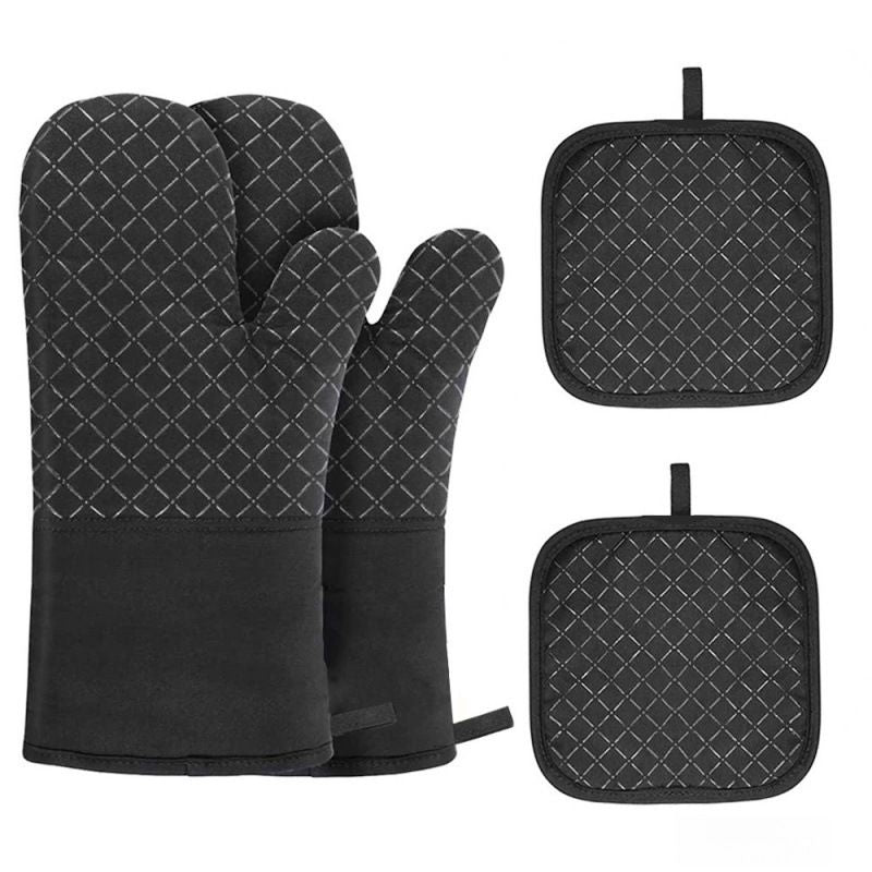 1 Pair Oven Mitts + 2 Pot Holders Set - Heat Resistant up to 230C, Silicone Non-Slip Cooking Gloves for Baking, Grilling & BBQ