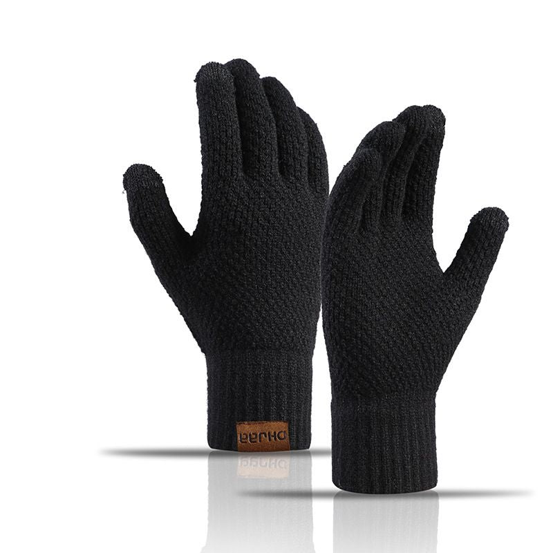 Men's Knitted Gloves - Warm Fingerless Winter Gloves - Thick Fleece-Lined Wool Touchscreen Gloves - Pineapple Pattern, Versatile, Black
