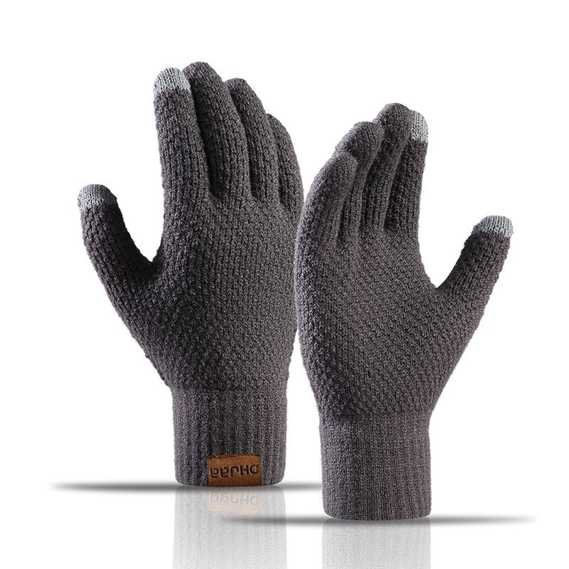 Men's Knitted Gloves - Warm Fingerless Winter Gloves - Thick Fleece-Lined Wool Touchscreen Gloves - Pineapple Pattern, Versatile, Gray